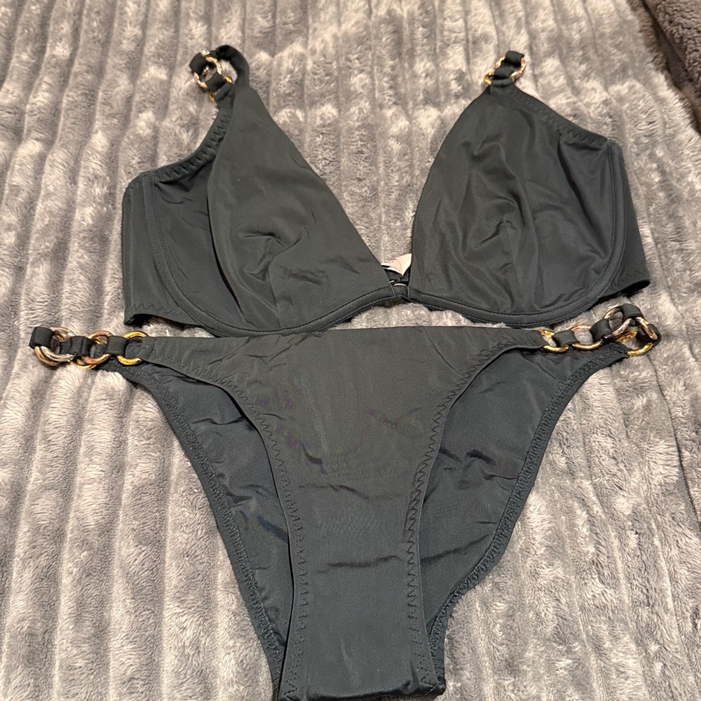 Hunter Green Agent Provacteaur Swim Bottom with Gold and silver Accents and top